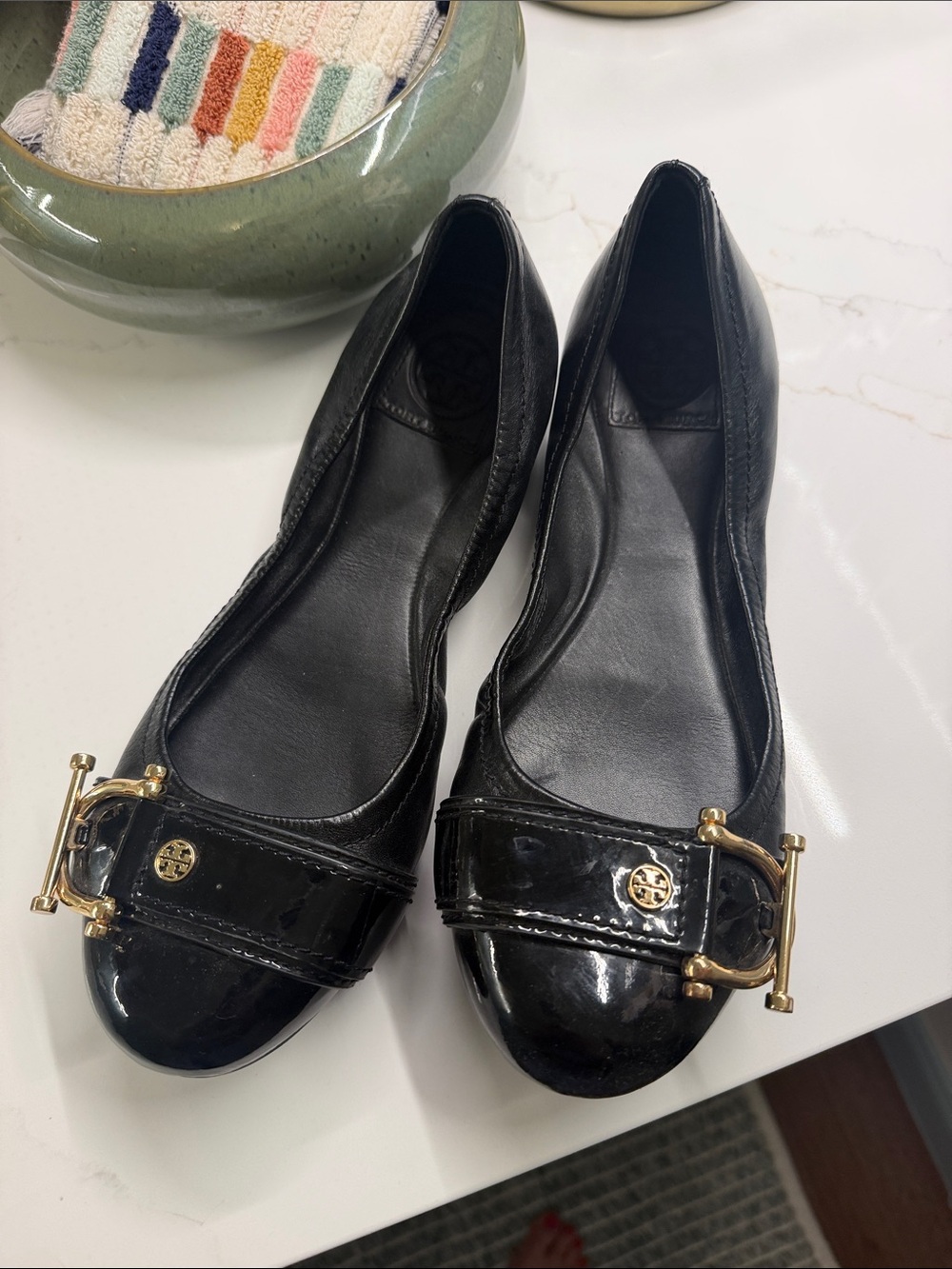 Tory Burch Black Patent Leather Ballet Flats with Gold Buckle
